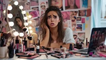 A messy vanity with scattered makeup products, brushes, and mirrors, featuring a young woman with a frustrated expression, surrounded by smudged mascara and uneven eyeliner attempts, amidst a backdrop of inspirational beauty tutorials on her laptop screen.